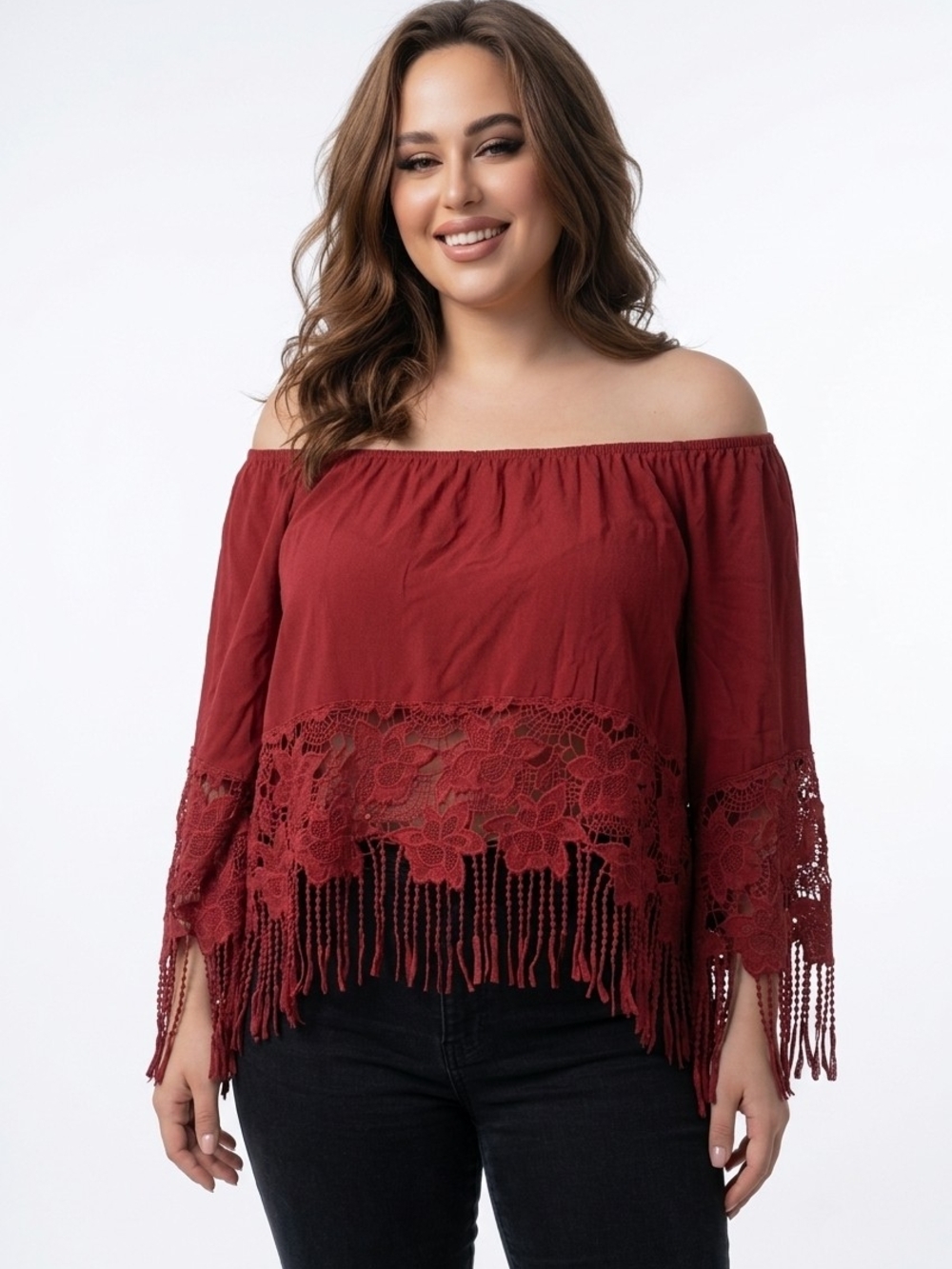 Purple Rain Off-Shoulder Crochet Fringe Blouse - Wine Red